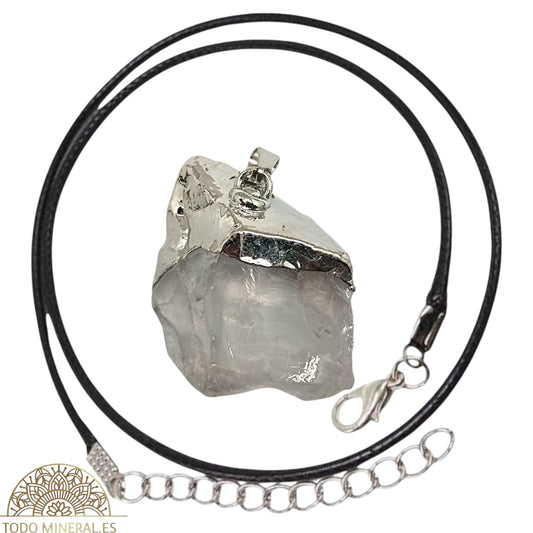 Colgante Natural Cuarzo Blanco En Bruto Engarzado En Baño Metal 600103425 (INCLUYE CORDON 45 CMS EN NEGRO) TODOMINERAL