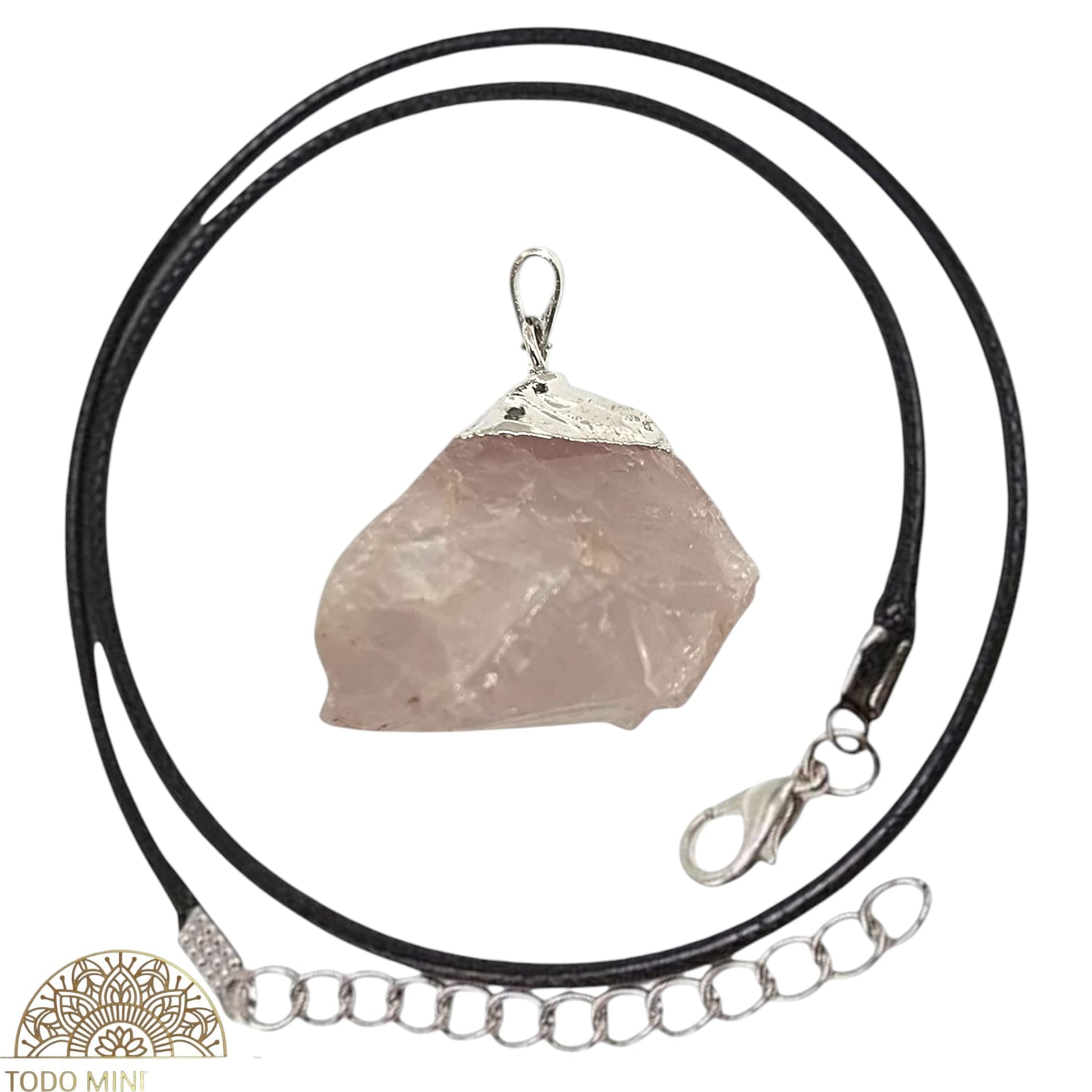 Colgante Natural Cuarzo Rosa En Bruto Engarzado En Baño Metal 600103425 (INCLUYE CORDON 45 CMS EN NEGRO) La Pieza De La Foto Es Orientativa TODOMINERAL