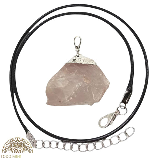 Colgante Natural Cuarzo Rosa En Bruto Engarzado En Baño Metal 600103425 (INCLUYE CORDON 45 CMS EN NEGRO) La Pieza De La Foto Es Orientativa TODOMINERAL