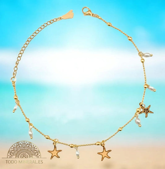 Tobillera Acero Dorado Con Dije Estrella De Mar Y Perlas 61054-04 TOBILLERAS ACERO