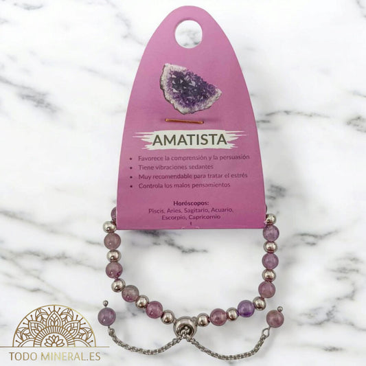 Pulsera Ajustable Piedra Natural 6 mm Amatista Y Bolas De Acero 4 mm 600103344 PULSERAS MINERALES