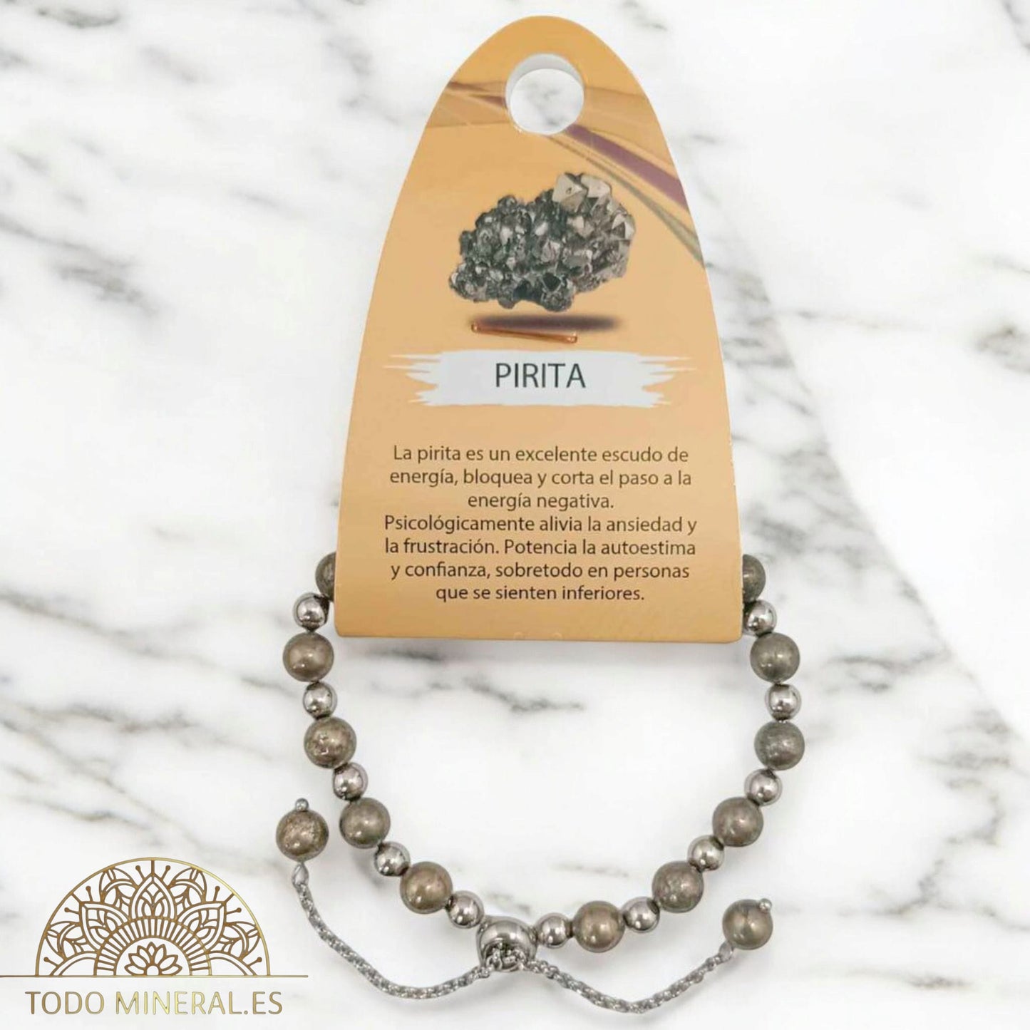 Pulsera Ajustable Piedra Natural 6 mm Pirita Y Bolas De Acero 4 mm 600103330 PULSERAS MINERALES