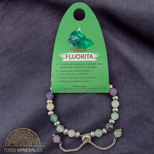 Pulsera Ajustable Piedra Natural 6 mm Fluorita  Y Bolas De Acero 4 mm 600103362 PULSERAS MINERALES