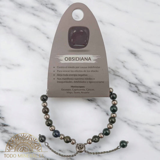 Pulsera Ajustable Piedra Natural 6 mm Obsidiana Y Bolas De Acero 4 mm 600103386 PULSERAS MINERALES