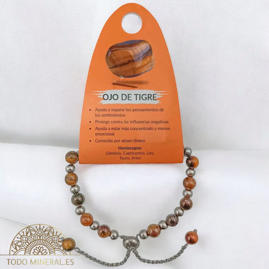 Pulsera Ajustable Piedra Natural 6 mm Piedra Ojo De Tigre Y Bolas De Acero 4 mm 600103360 PULSERAS MINERALES
