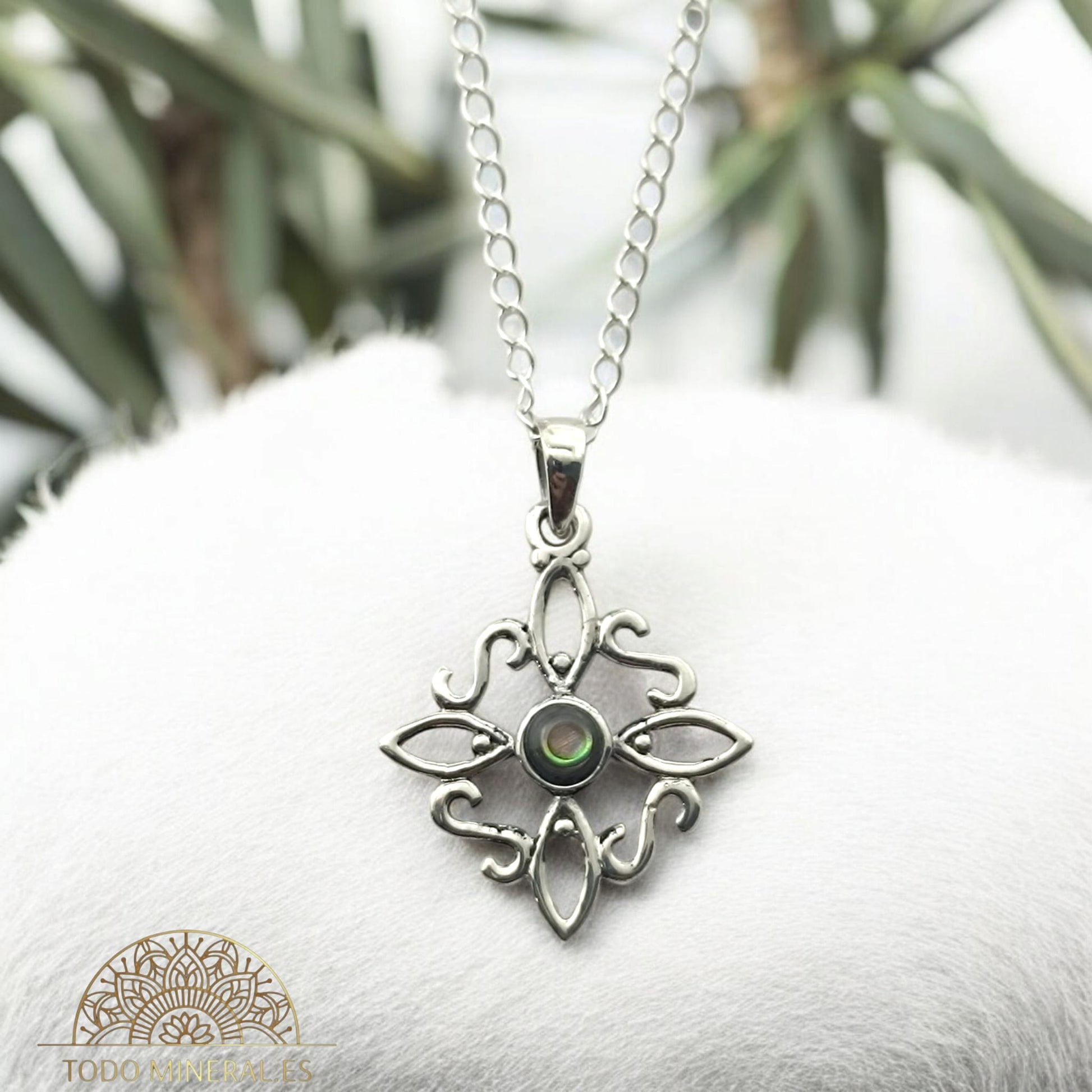 Collar Nudo De Bruja 20 mm Piedra Abalon Con Cadena Finita 45 Cms Plata 925 500303559 TODOMINERAL