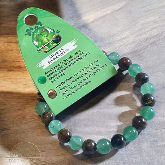 Pulsera Combinada Piedra Aventurina y Ojo De Tigre Para Atraer La Buena Suerte Piedra De 8 mm PULSERAS MINERALES