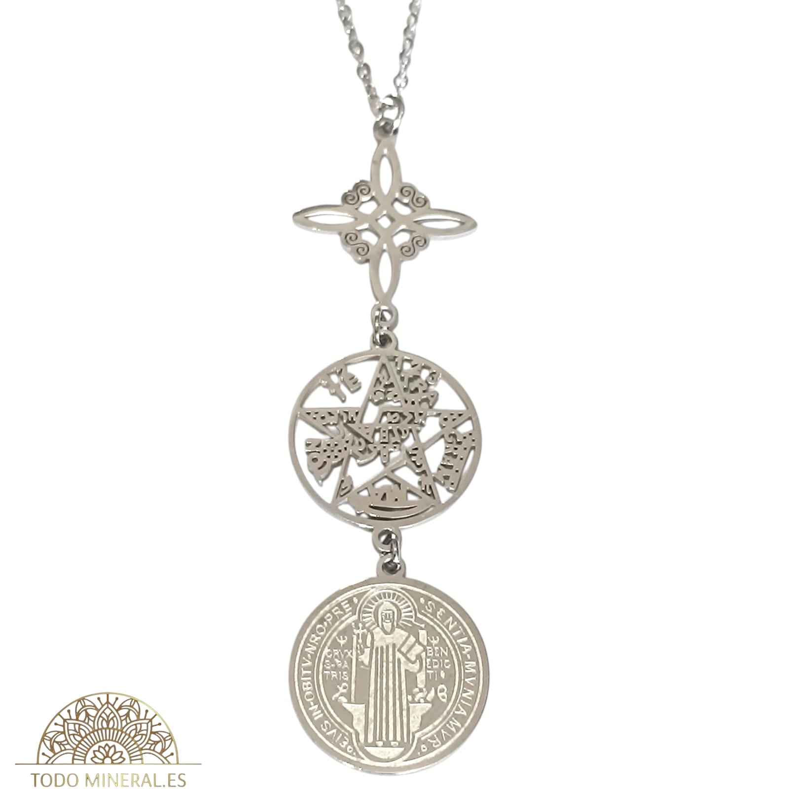 Collar Triple Protección Nudo De Bruja Tetragramaton Y San Benito En Acero Con Cadena 45 Cms TODOMINERAL