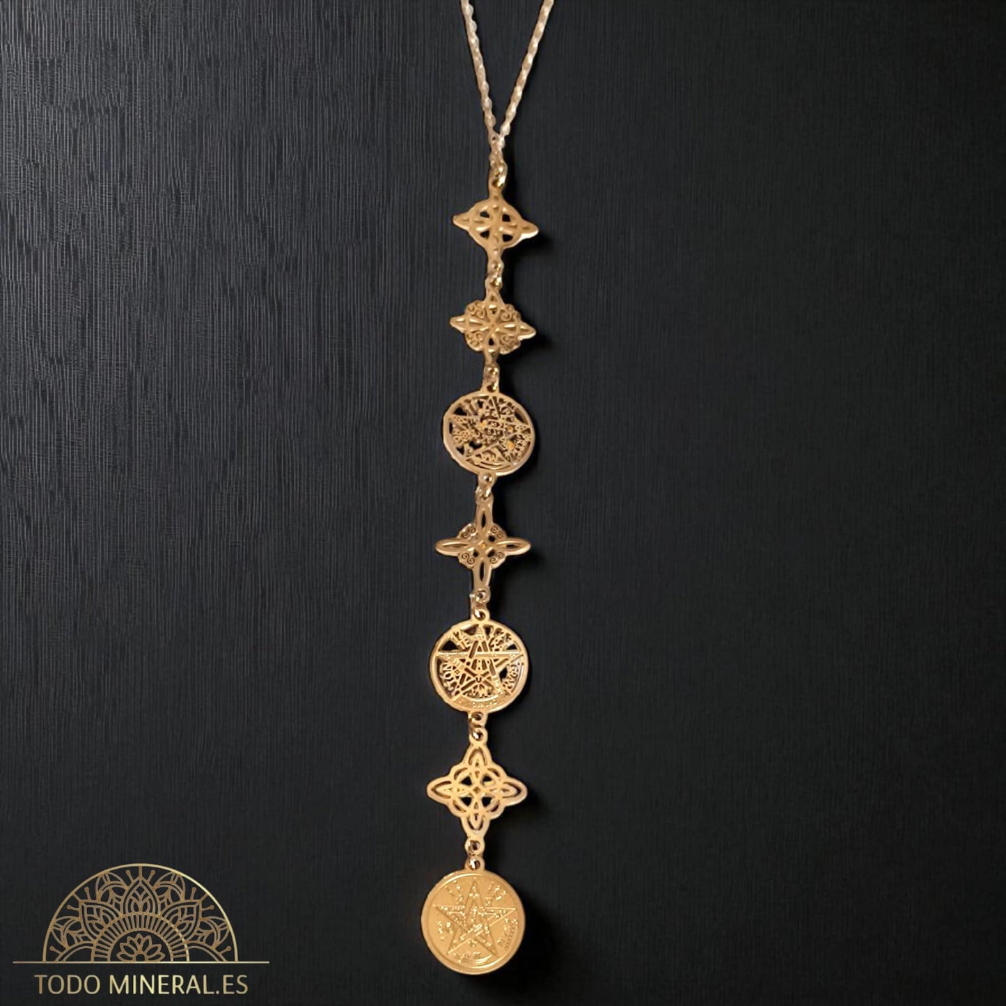 Collar Doble Protección Nudo De Bruja Tetragramaton Varios Dijes Con Cadena 45 Cms TODOMINERAL