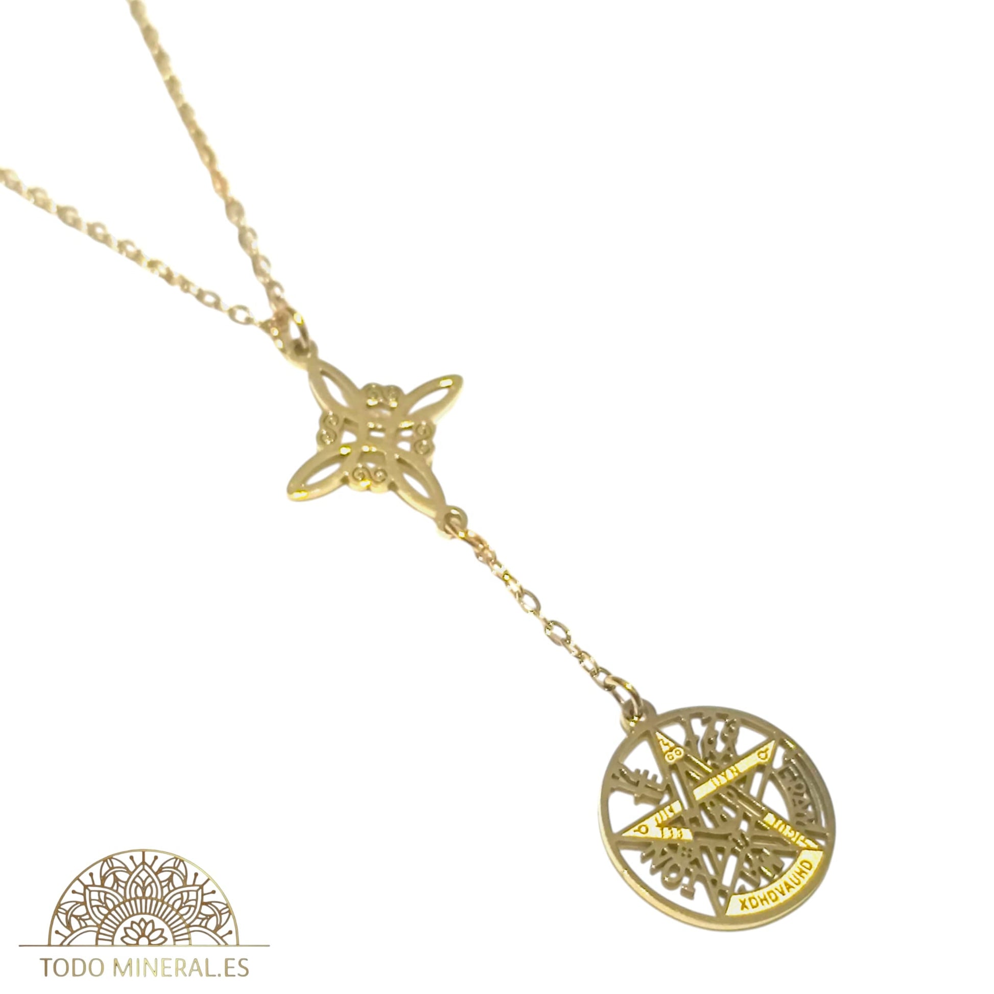 Collar Doble Protección Acero Dorado Nudo De Bruja Tetragramaton Con Cadena 45 Cms TODOMINERAL