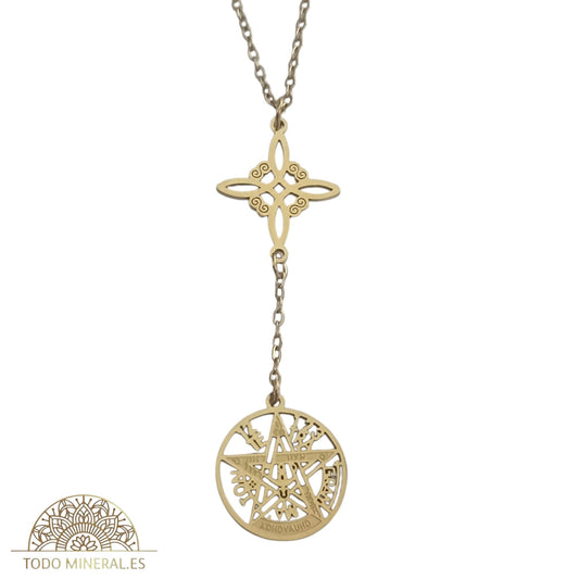 Collar Doble Protección Acero Dorado Nudo De Bruja Tetragramaton Con Cadena 45 Cms TODOMINERAL