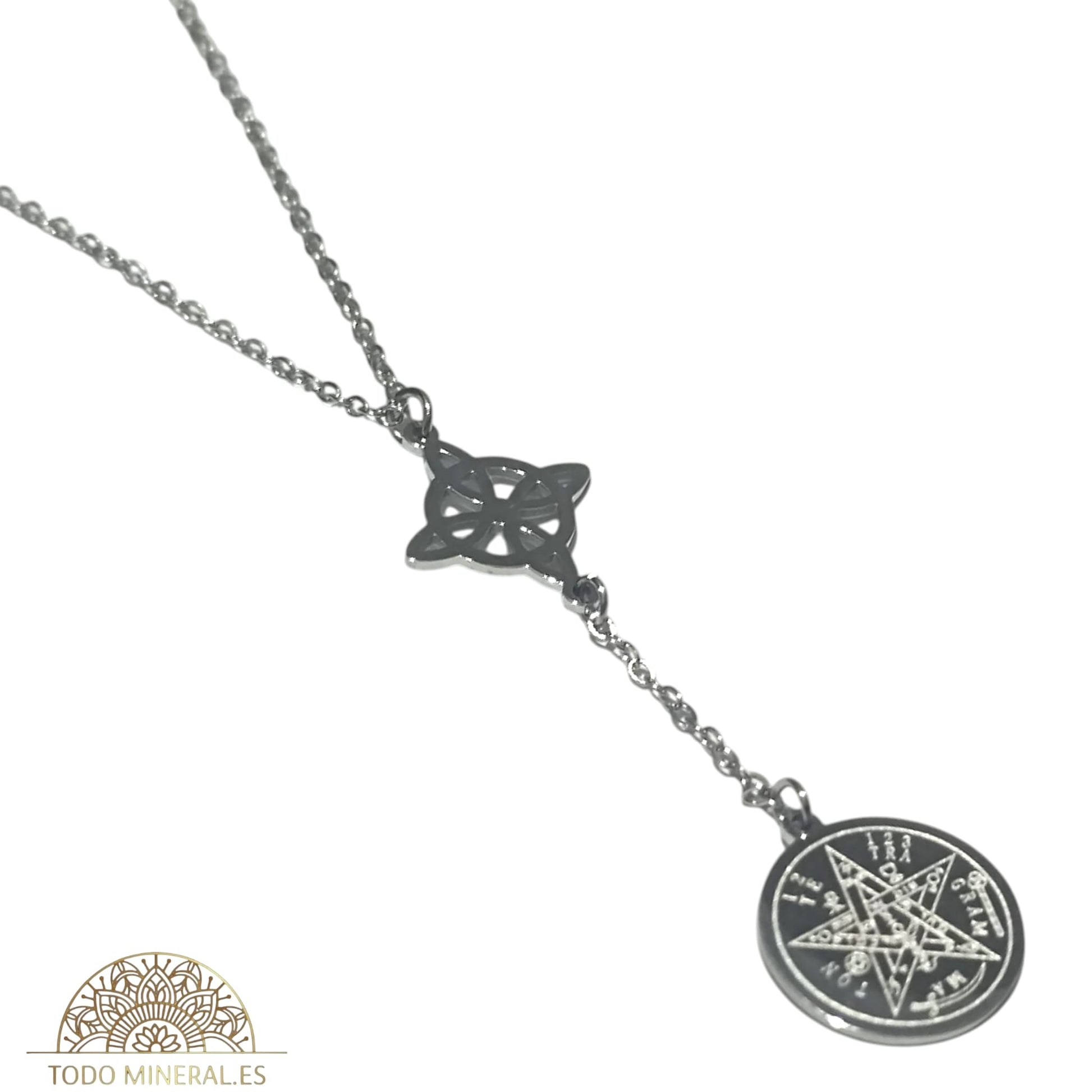 Collar Doble Protección Acero Nudo De Bruja Tetragramaton Con Cadena 45 Cms TODOMINERAL