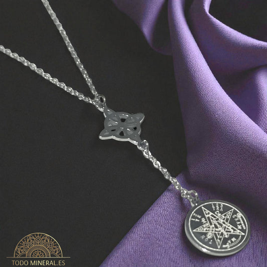 Collar Doble Protección Acero Nudo De Bruja Tetragramaton Con Cadena 45 Cms TODOMINERAL