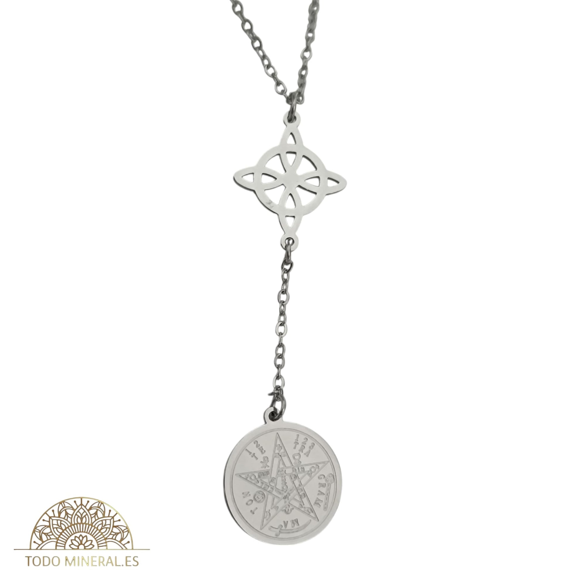 Collar Doble Protección Acero Nudo De Bruja Tetragramaton Con Cadena 45 Cms TODOMINERAL