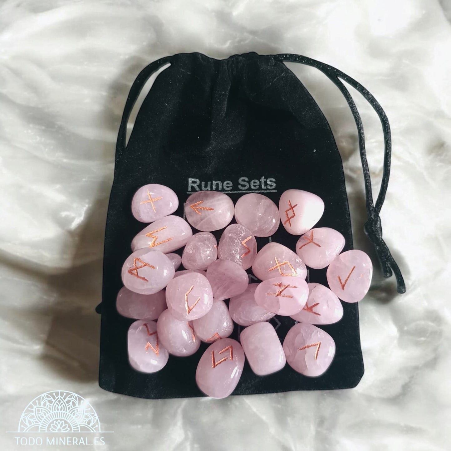 Sets Runas Piedra Natural Cuarzo Rosa (24 RUNAS Y 1 BLANCA)