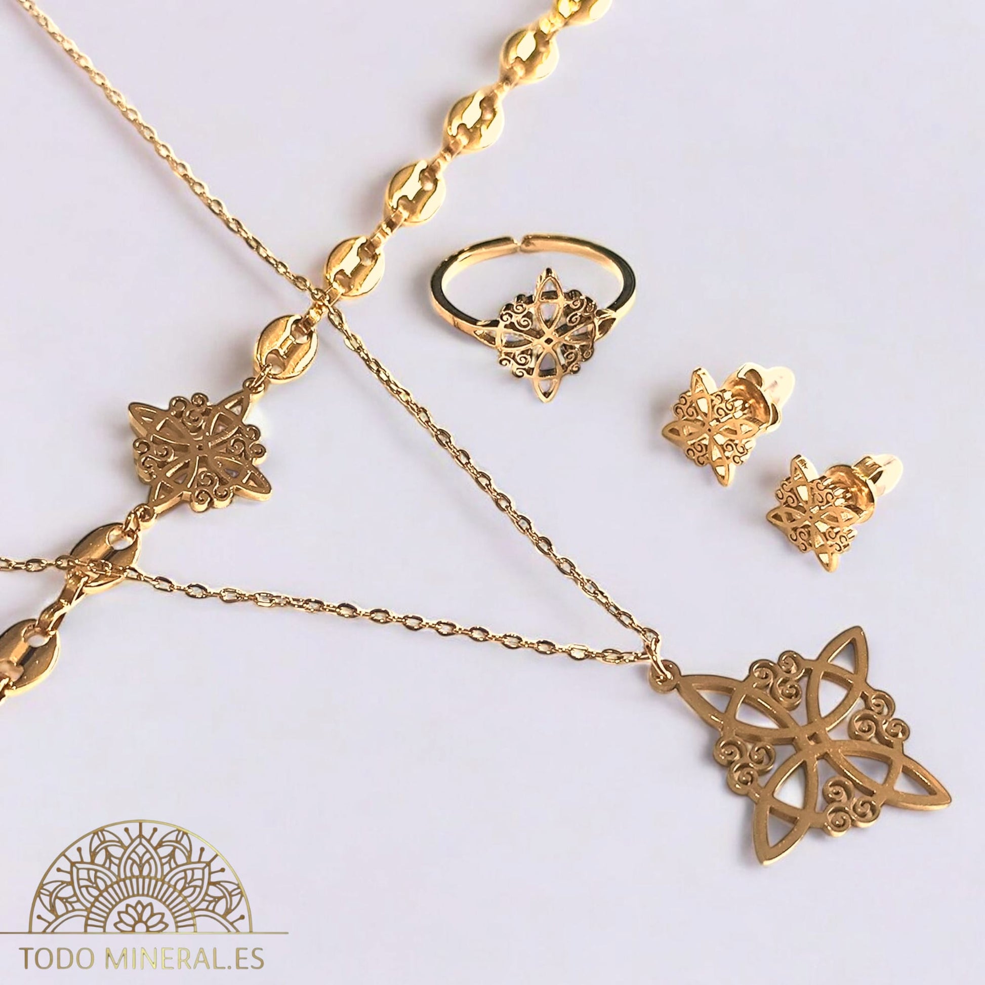 Juego Completo Nudo De Bruja Acero Collar Pendientes Anillo Adaptable Y Pulsera TODOMINERAL