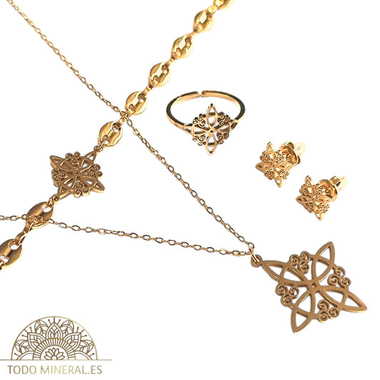 Juego Completo Nudo De Bruja Acero Collar Pendientes Anillo Adaptable Y Pulsera TODOMINERAL