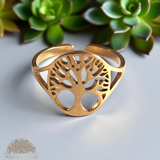 Anillo Adaptable Acero Dorado Árbol De La Vida TODOMINERAL