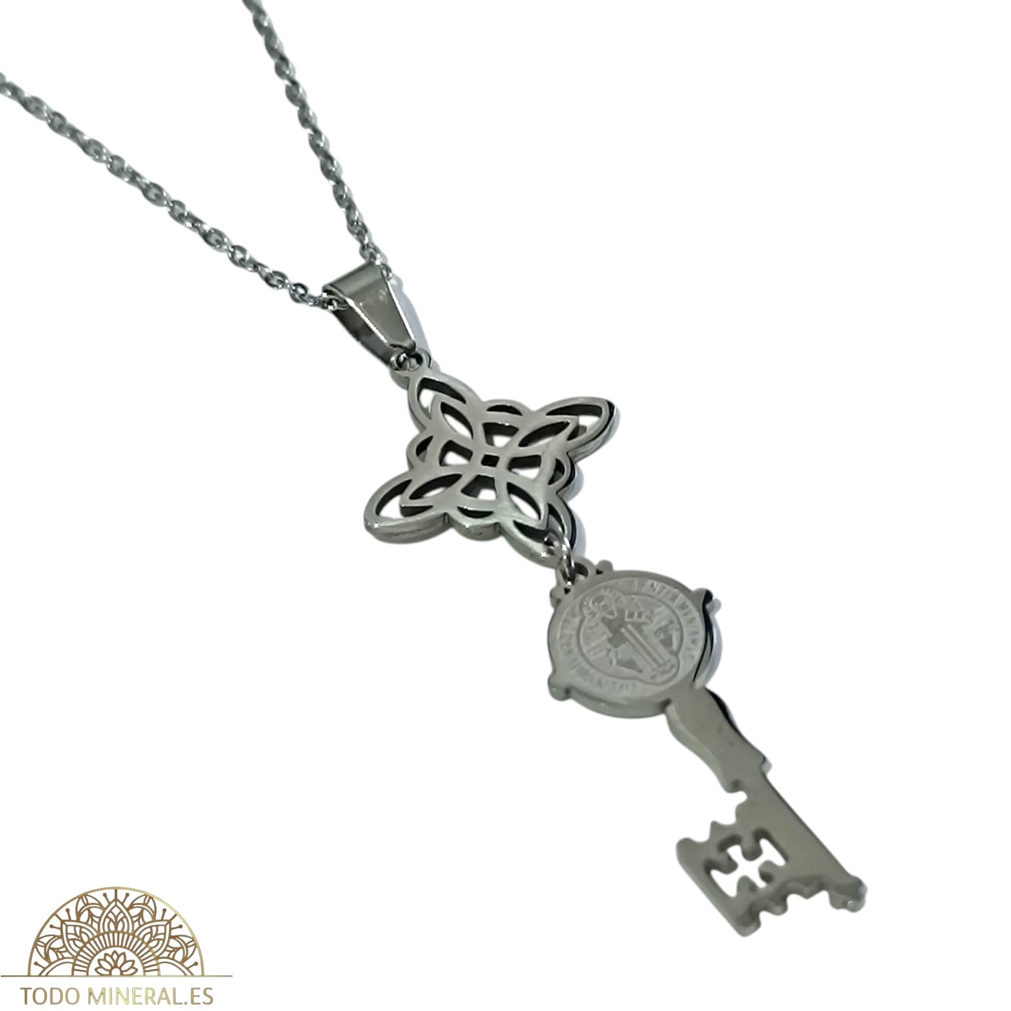 Collar Doble Proteccion Nudo De Bruja LLave San Benito En Acero Inoxidable Con Cadena 45+5 Cms TODOMINERAL