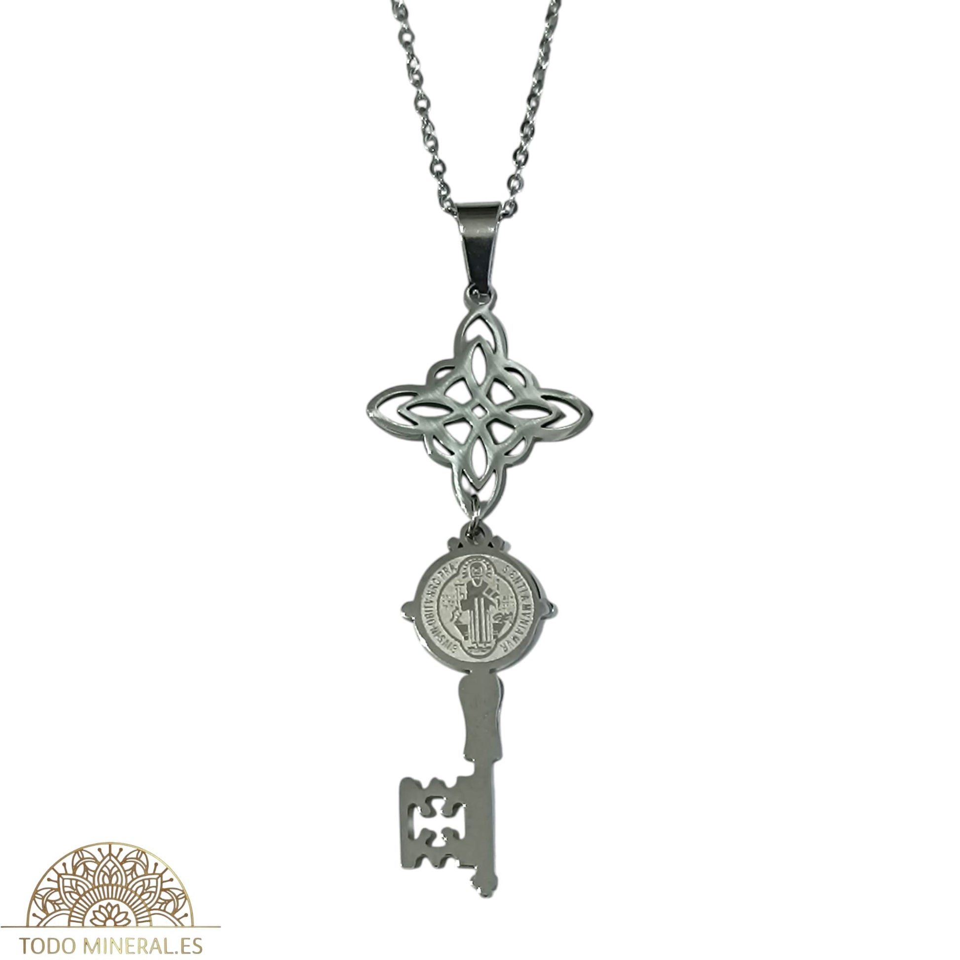 Collar Doble Proteccion Nudo De Bruja LLave San Benito En Acero Inoxidable Con Cadena 45+5 Cms TODOMINERAL