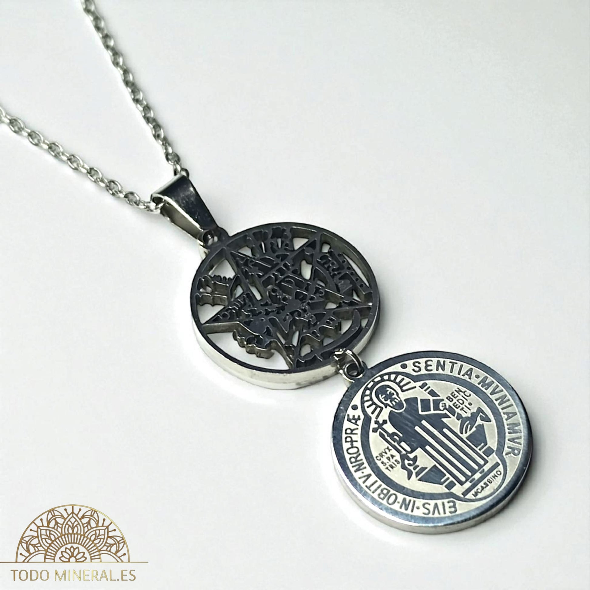 Collar Acero Doble Proteccion Tetragramaton Y San Benito COLGANTE ACERO