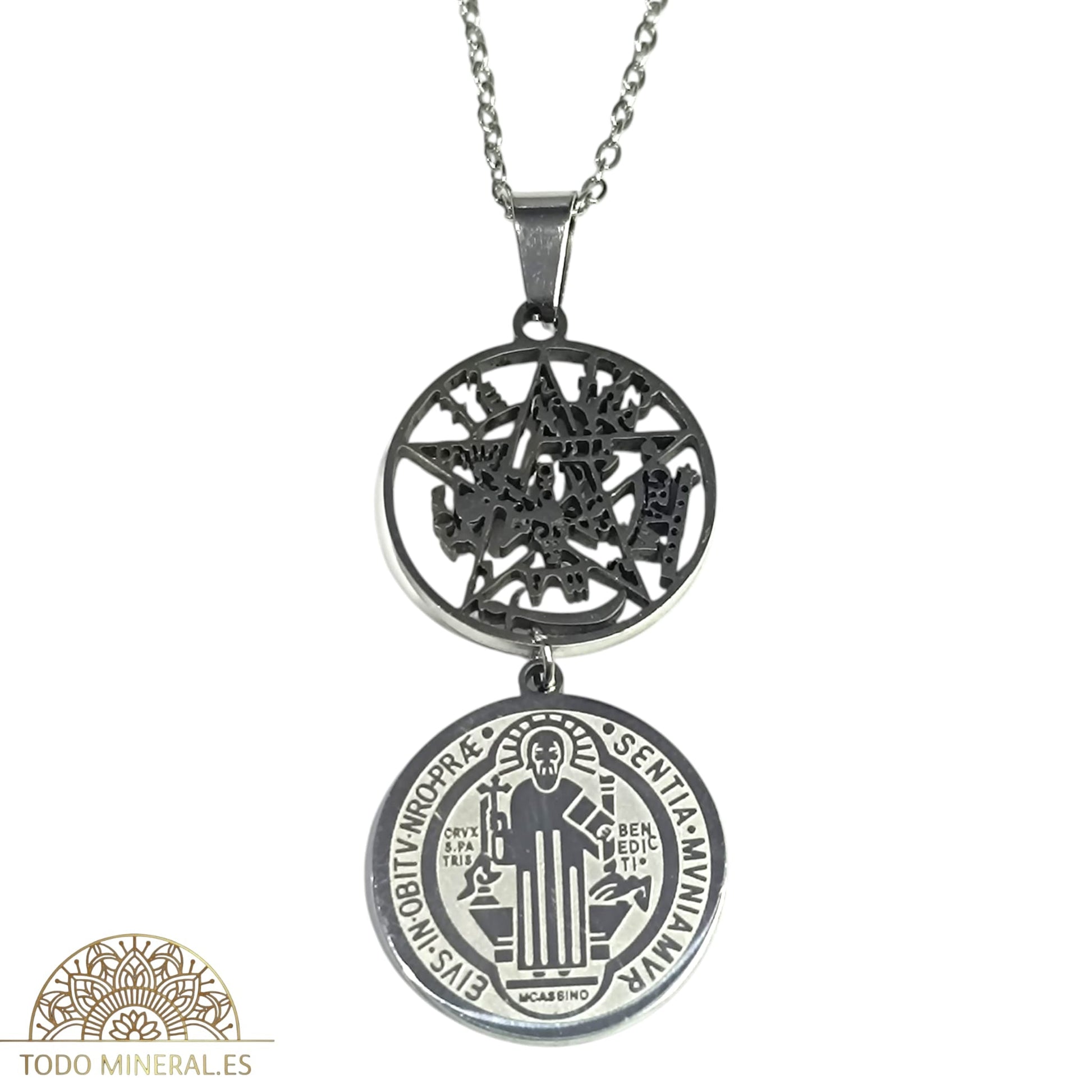 Collar Acero Doble Proteccion Tetragramaton Y San Benito COLGANTE ACERO