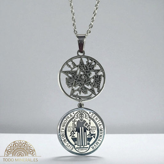 Collar Acero Doble Proteccion Tetragramaton Y San Benito COLGANTE ACERO