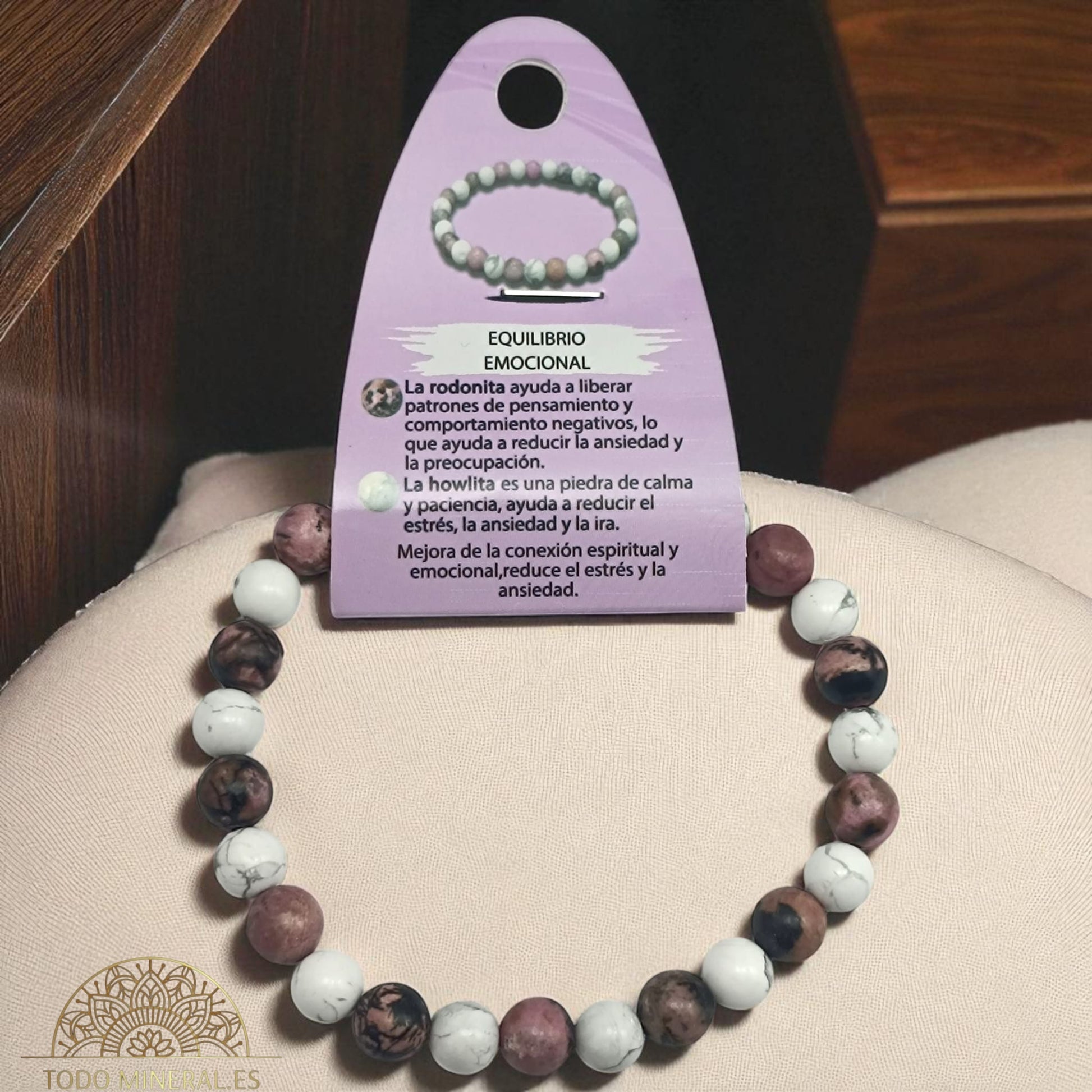 Pulsera Hombre Combinada Piedra Rodonita y Howlite Para Equilibrio Emocional Piedra De 8 mm  22Cms PULSERAS MINERALES