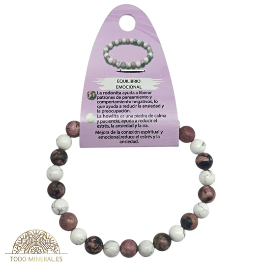 Pulsera Hombre Combinada Piedra Rodonita y Howlite Para Equilibrio Emocional Piedra De 8 mm  22Cms PULSERAS MINERALES