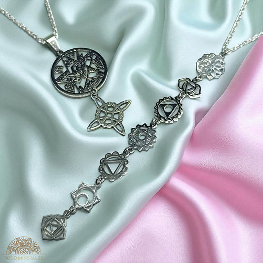2 Collares Acero Inoxidable Doble Proteccion Tetragramaton Nudo De Bruja Y collar Simbolos 7 Chakras Cadena 45 Cms COLGANTE ACERO