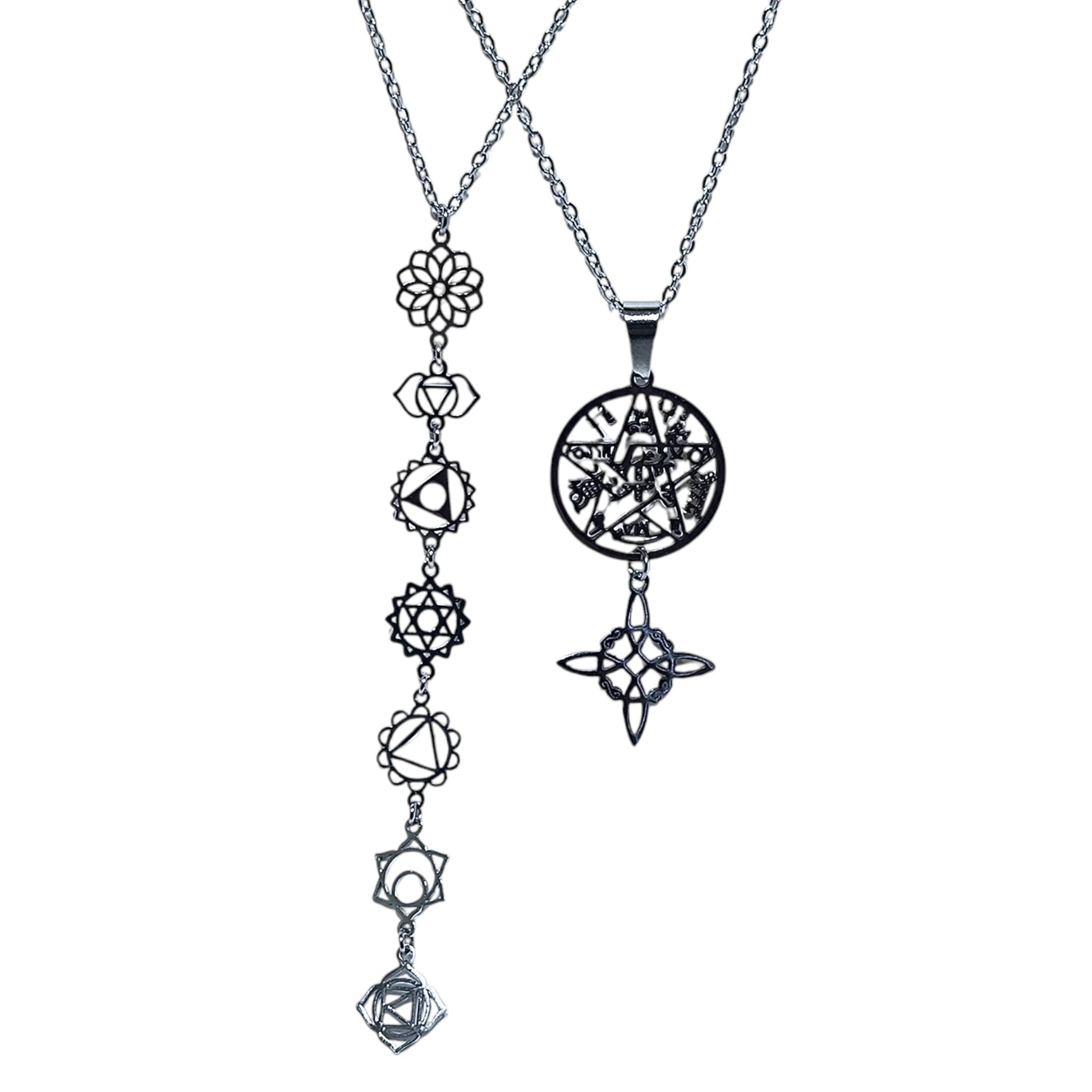 2 Collares Acero Inoxidable Doble Proteccion Tetragramaton Nudo De Bruja Y collar Simbolos 7 Chakras Cadena 45 Cms COLGANTE ACERO