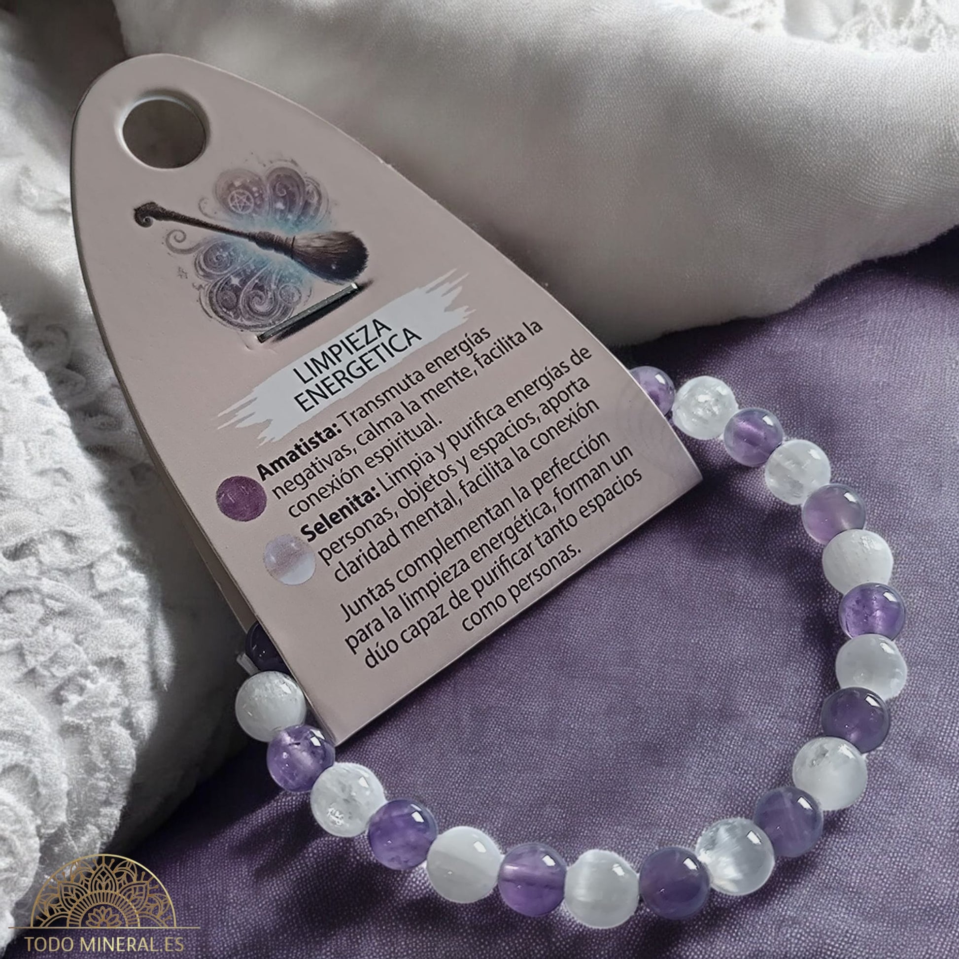 Pulsera Combinada Piedra Amatista y Selenita para Limpieza energética Piedra De 6 mm  18Cms PULSERAS MINERALES