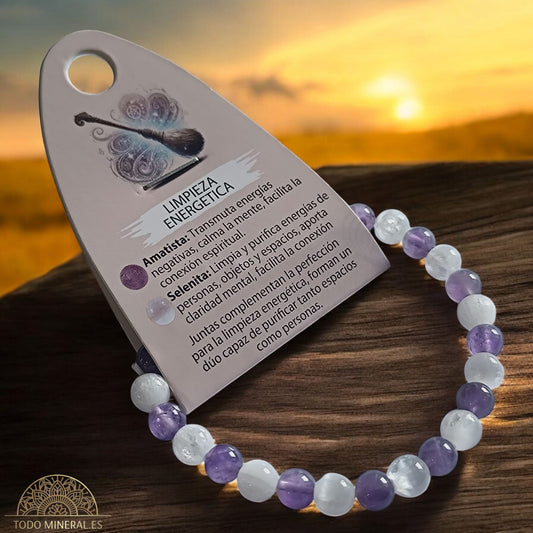 Pulsera Combinada Piedra Amatista y Selenita para Limpieza energética Piedra De 6 mm  18Cms PULSERAS MINERALES