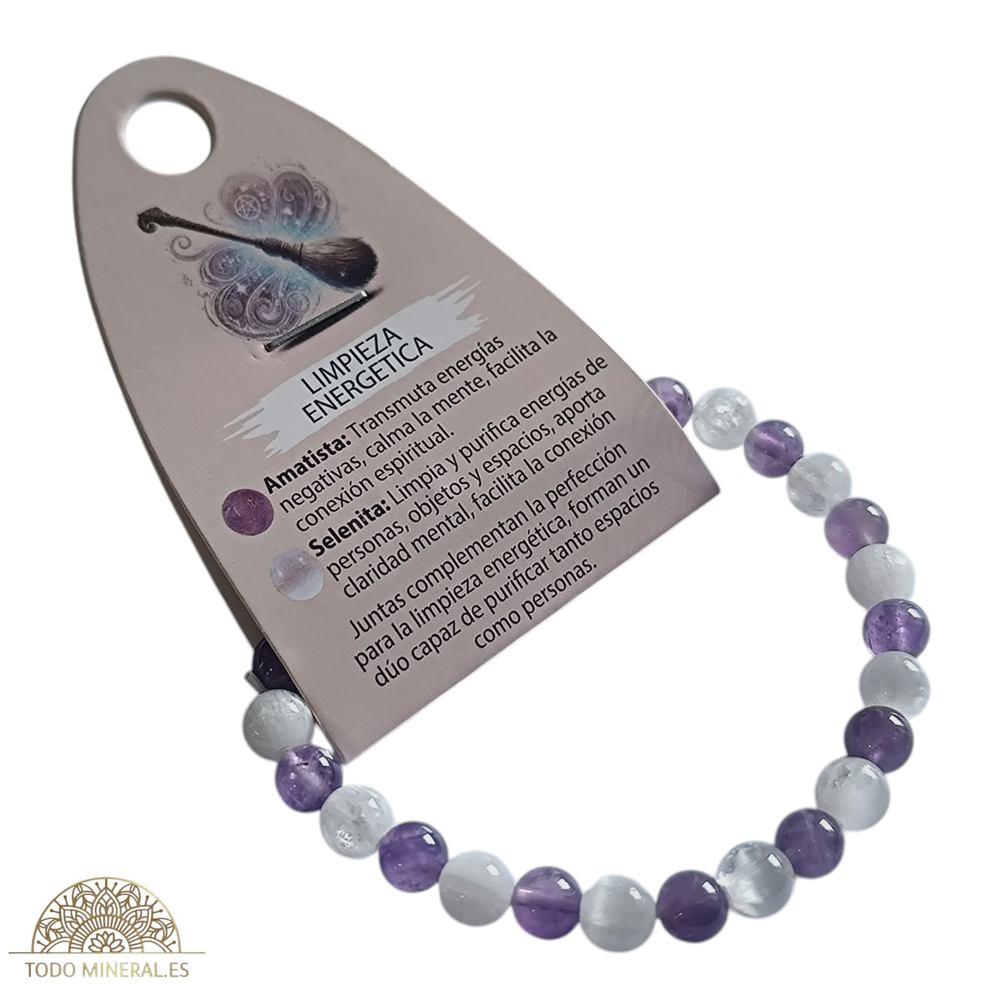 Pulsera Combinada Piedra Amatista y Selenita para Limpieza energética Piedra De 6 mm  18Cms PULSERAS MINERALES