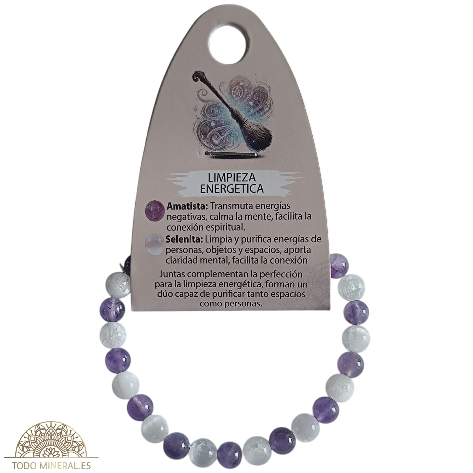 Pulsera Combinada Piedra Amatista y Selenita para Limpieza energética Piedra De 6 mm  18Cms PULSERAS MINERALES