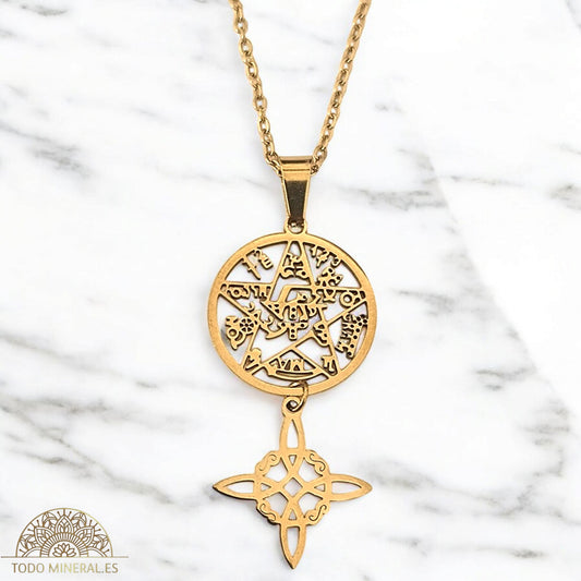 Collar Acero Dorado Doble Proteccion Nudo De Brujas Y Tetragramaton COLGANTE ACERO