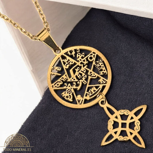 Collar Acero Dorado Doble Proteccion Nudo De Brujas Y Tetragramaton COLGANTE ACERO