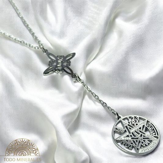 Collar Doble Protección Nudo De Bruja Tetragramaton En Acero Inoxidable Con Cadena 45 Cms TODOMINERAL