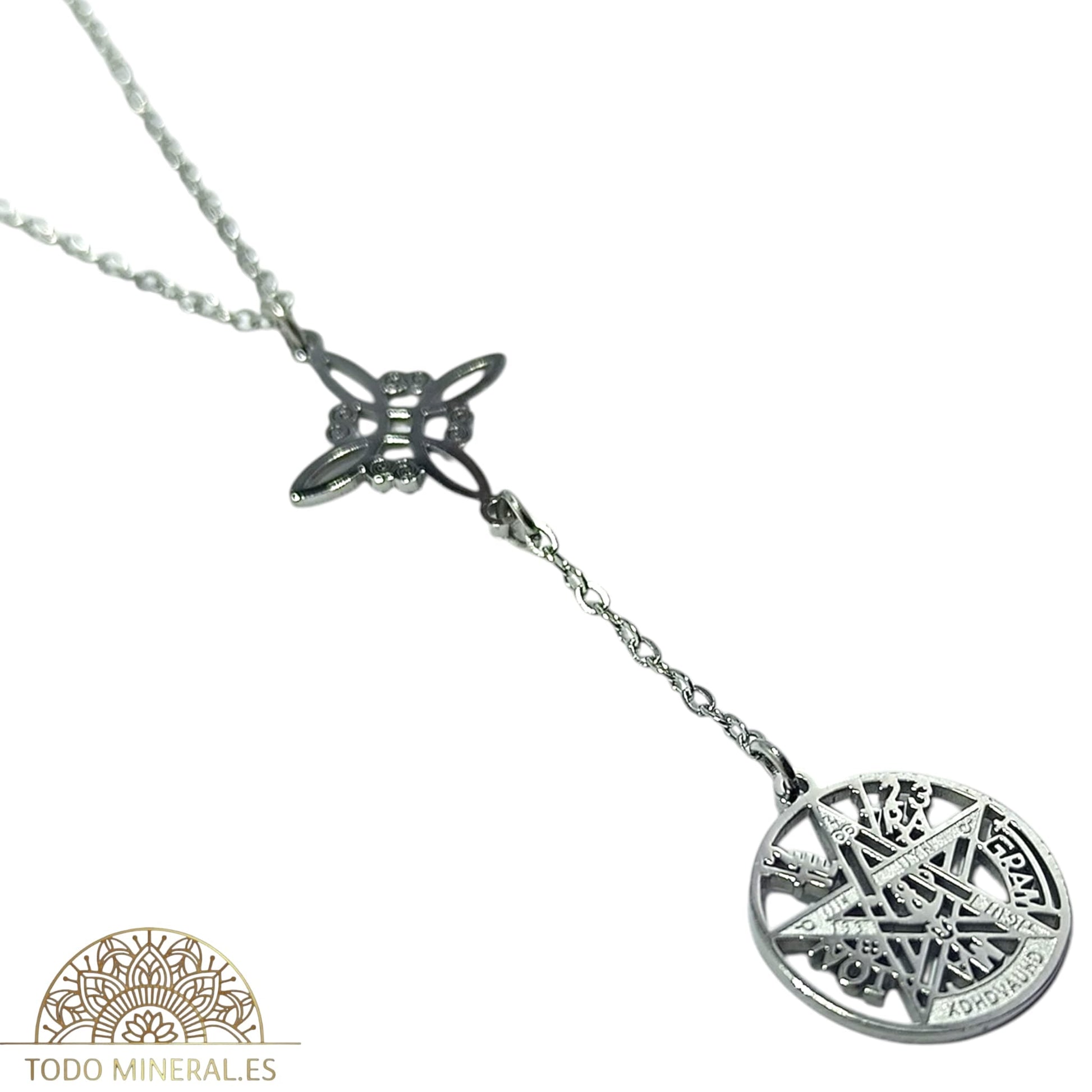 Collar Doble Protección Nudo De Bruja Tetragramaton En Acero Inoxidable Con Cadena 45 Cms TODOMINERAL