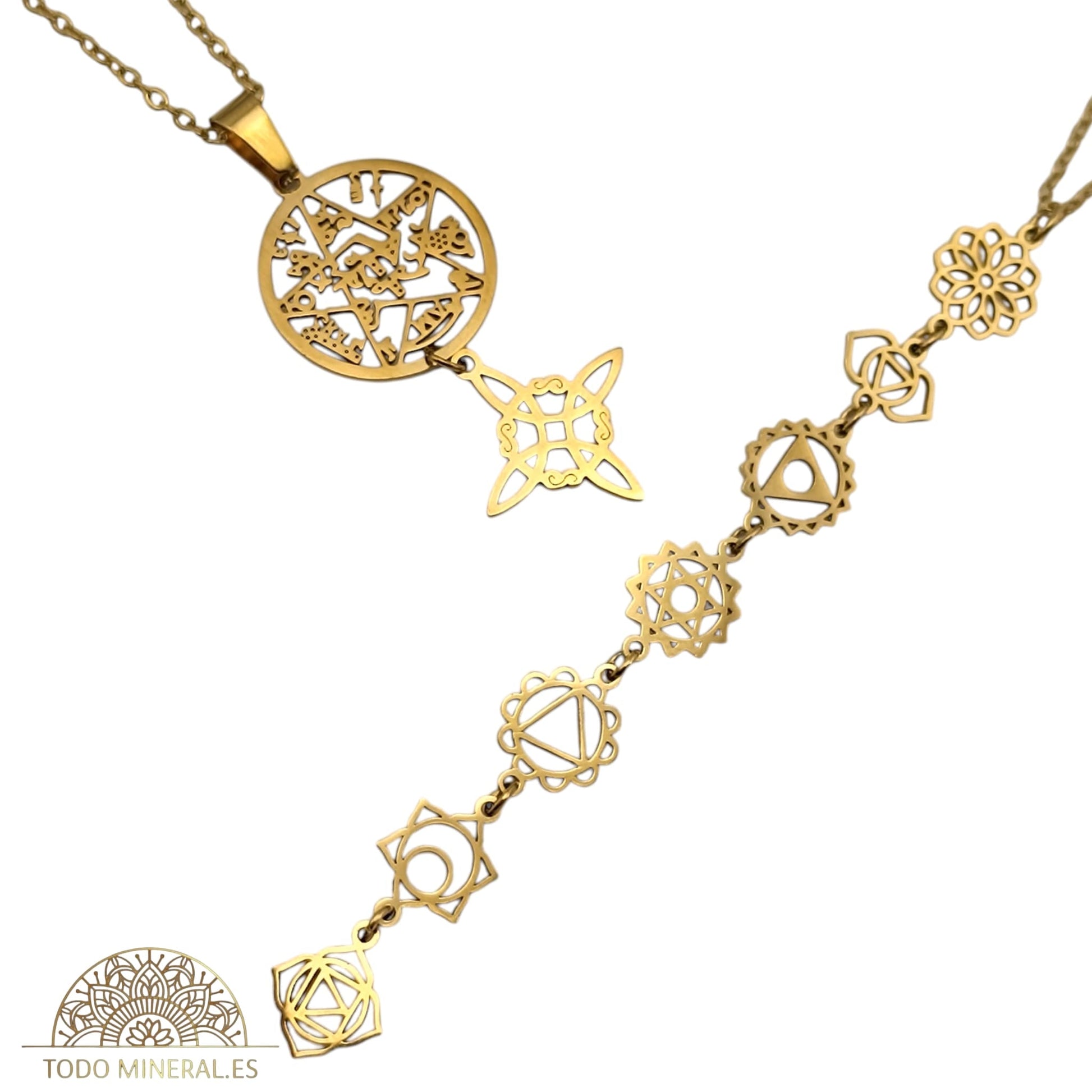 2 Collares Acero Inoxidable Dorado Doble Proteccion Tetragramaton Nudo De Bruja Y collar Simbolos 7 Chakras Cadenas 45 Cms COLGANTE ACERO
