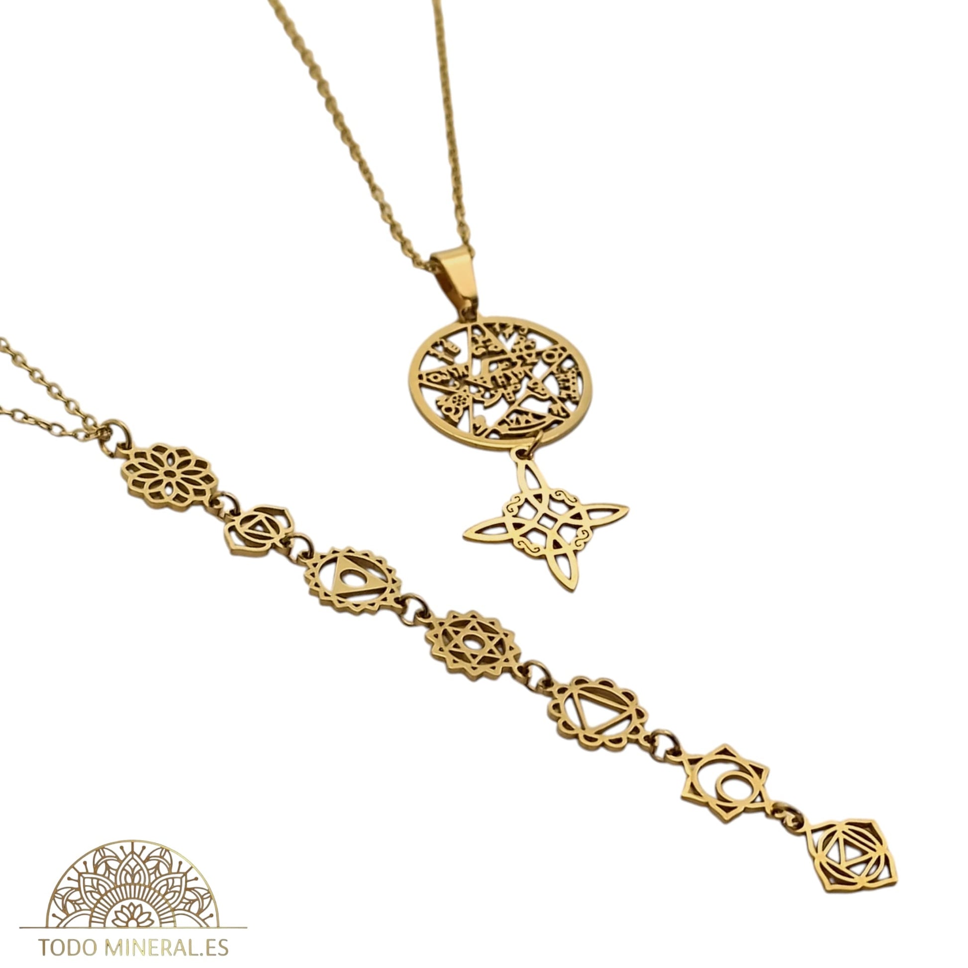 2 Collares Acero Inoxidable Dorado Doble Proteccion Tetragramaton Nudo De Bruja Y collar Simbolos 7 Chakras Cadenas 45 Cms COLGANTE ACERO