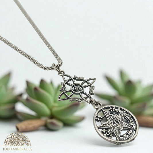Collar Plata 925 Doble Porteccion Nudo De Brujas Tetragramaton Con Cadena 45 Cms TODOMINERAL