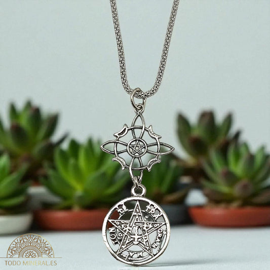 Collar Plata 925 Doble Porteccion Nudo De Brujas Tetragramaton Con Cadena 45 Cms TODOMINERAL