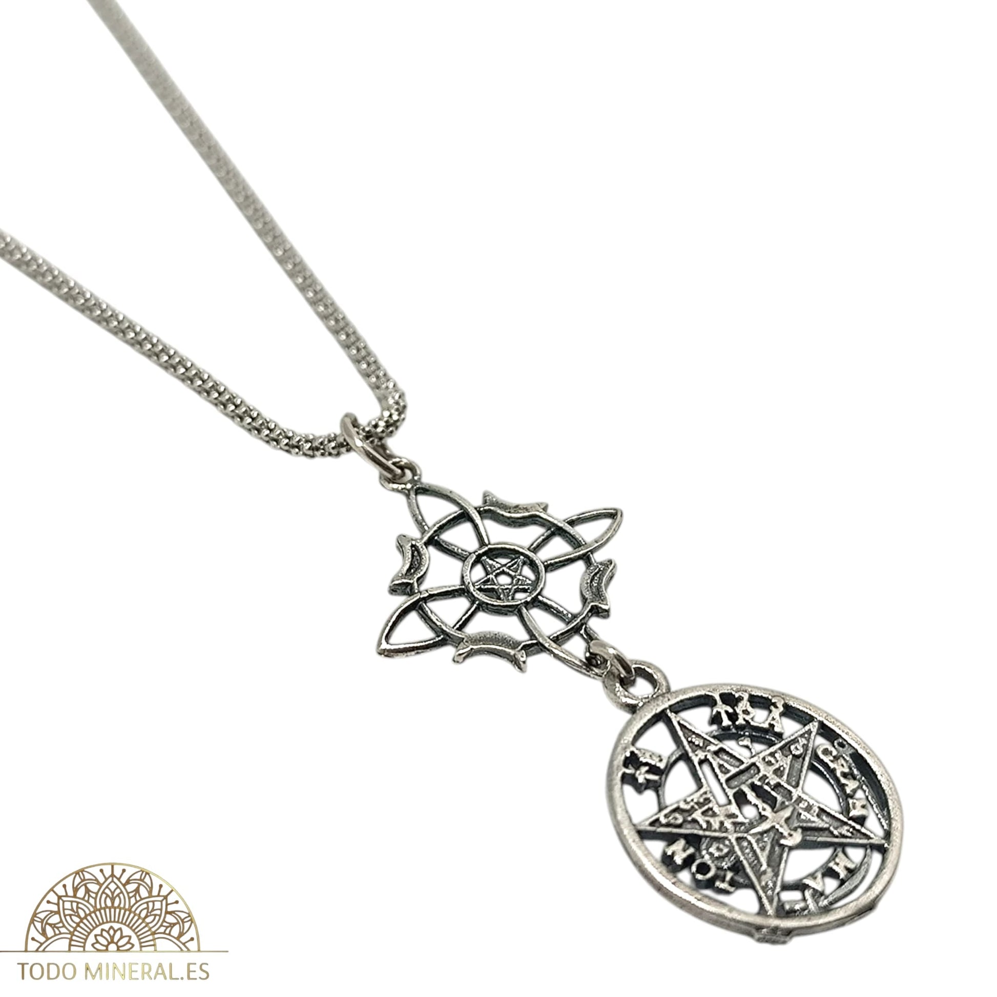 Collar Plata 925 Doble Porteccion Nudo De Brujas Tetragramaton Con Cadena 45 Cms TODOMINERAL