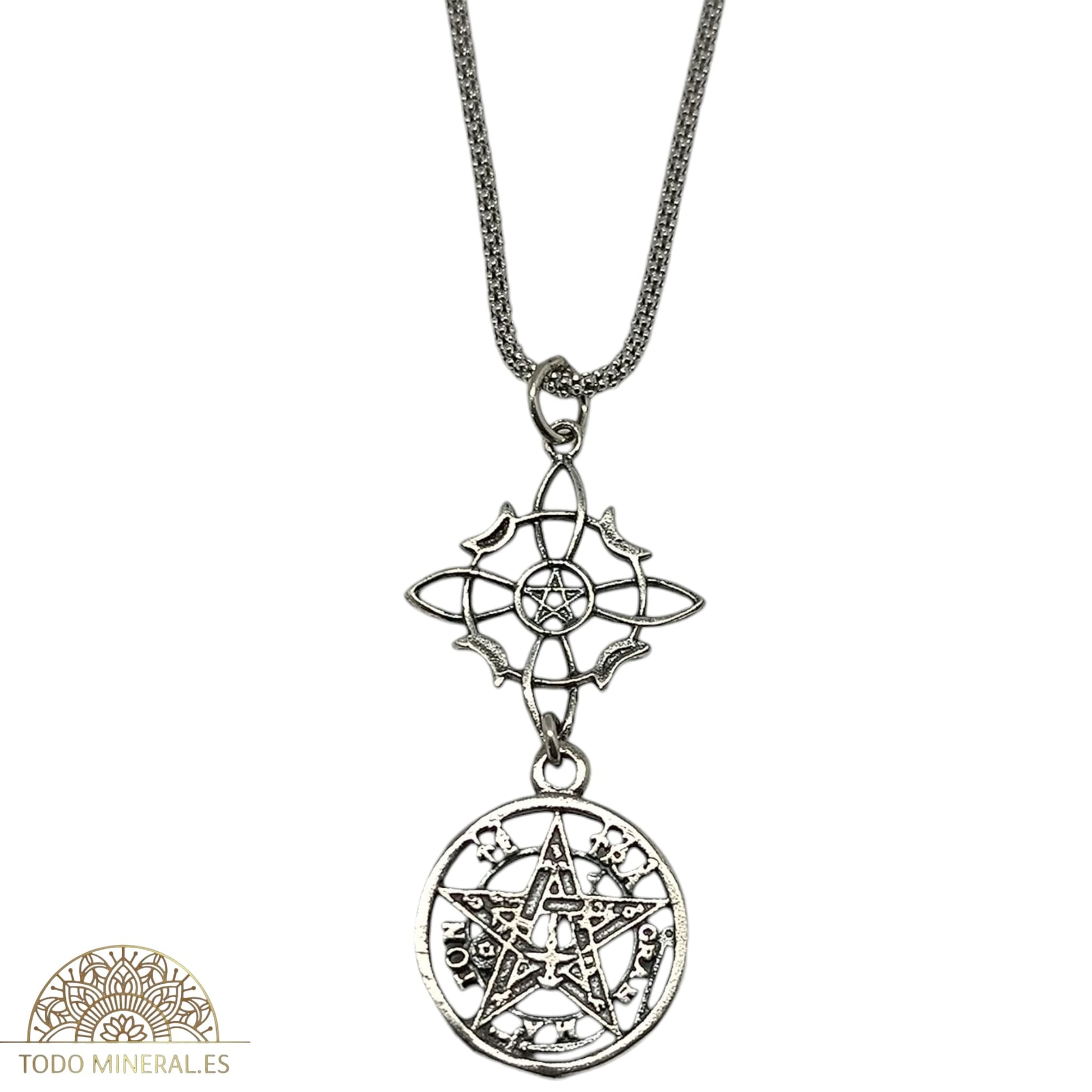 Collar Plata 925 Doble Porteccion Nudo De Brujas Tetragramaton Con Cadena 45 Cms TODOMINERAL