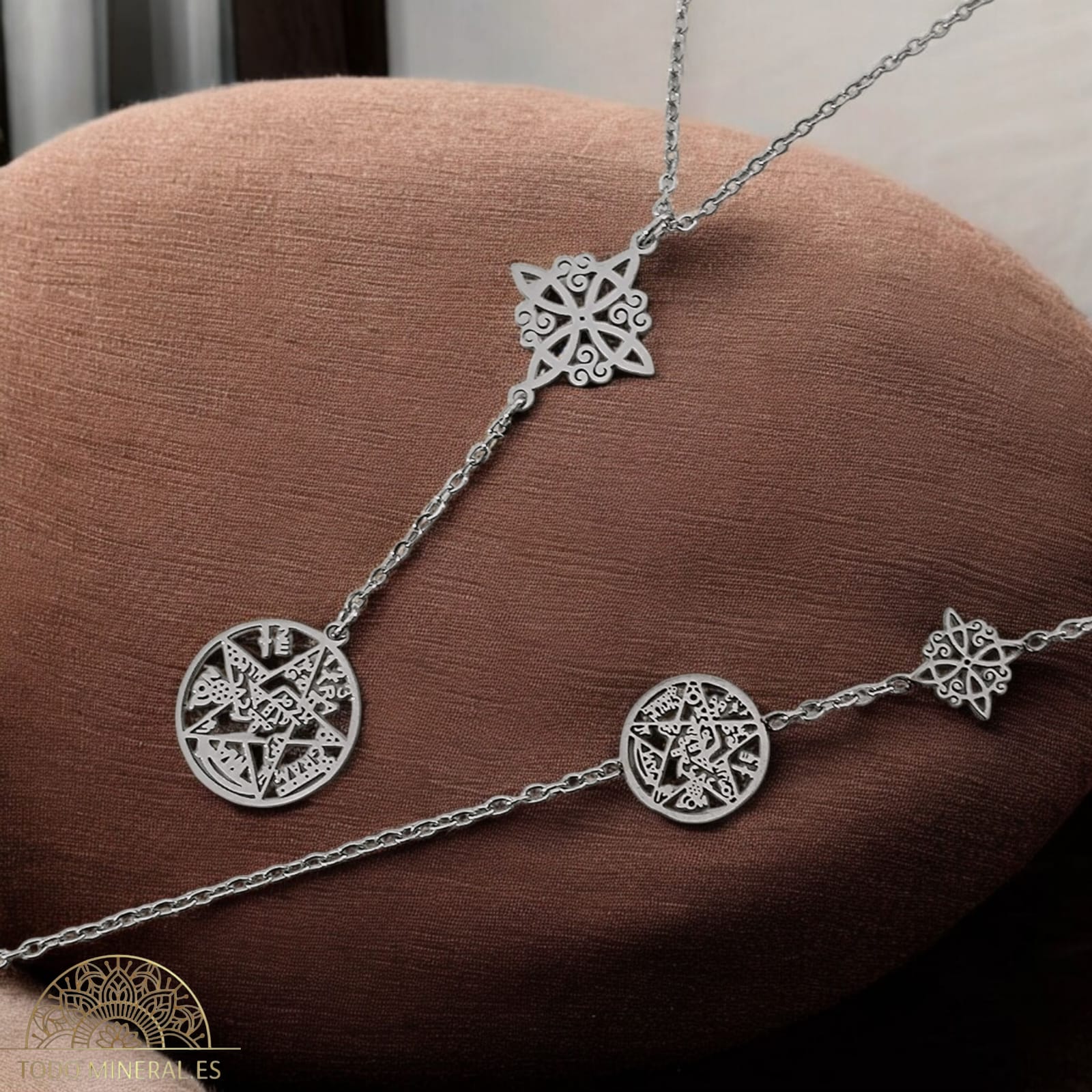 Kit Collar + Pulseras  Doble Protección Nudo De Bruja Tetragramaton En Acero Inoxidable Con Cadena 45 Cms TODOMINERAL