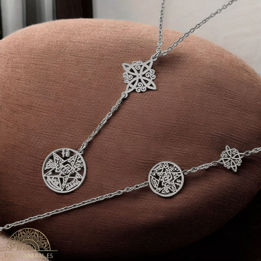 Kit Collar + Pulseras  Doble Protección Nudo De Bruja Tetragramaton En Acero Inoxidable Con Cadena 45 Cms TODOMINERAL