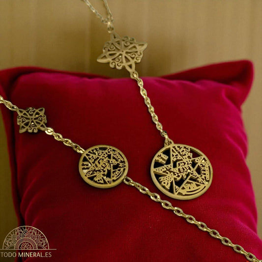 Kit Collar + Pulseras Doble Protección Nudo De Bruja Tetragramaton En Acero Dorado Inoxidable Con Cadena 45 Cms (Copia) TODOMINERAL