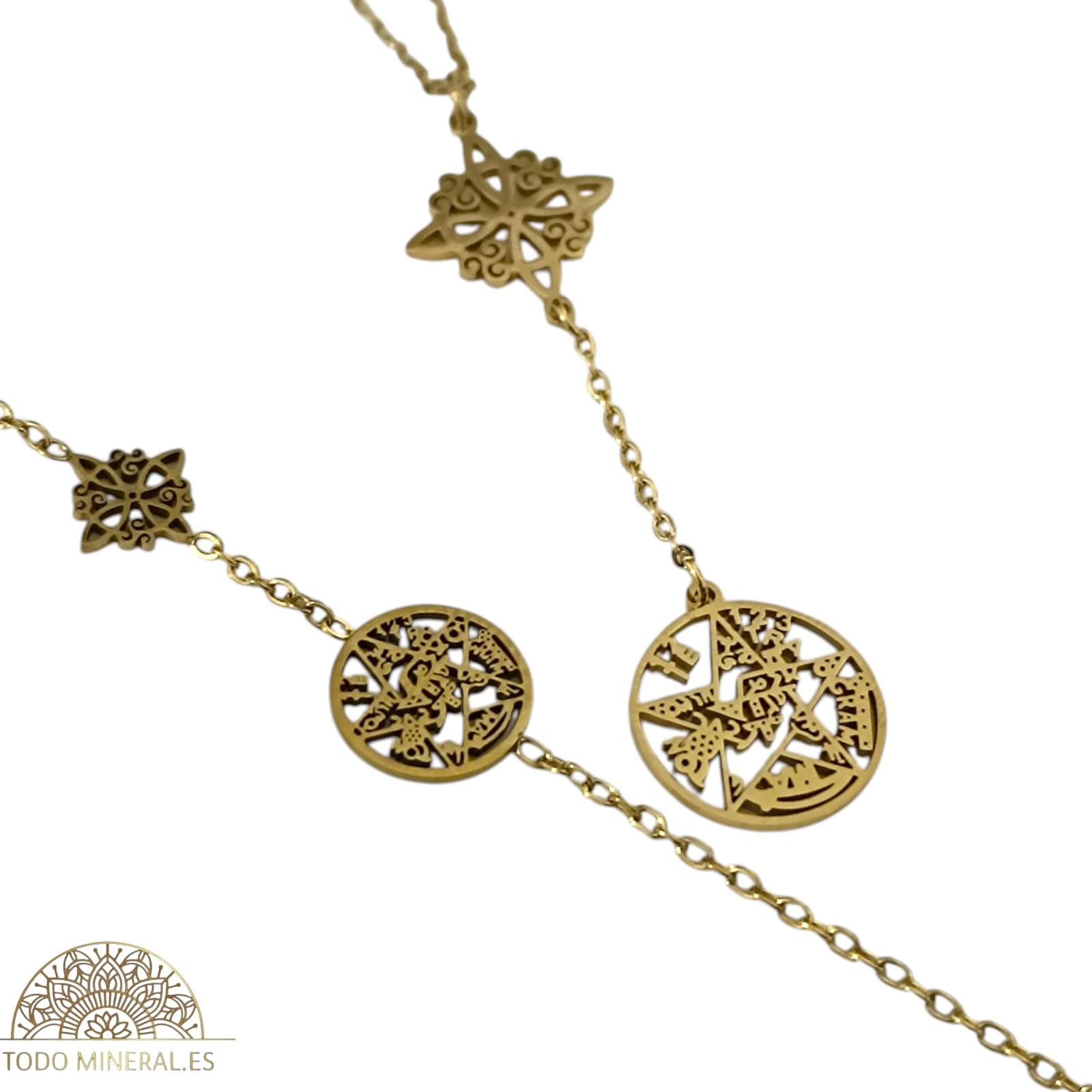Kit Collar + Pulseras Doble Protección Nudo De Bruja Tetragramaton En Acero Dorado Inoxidable Con Cadena 45 Cms (Copia) TODOMINERAL