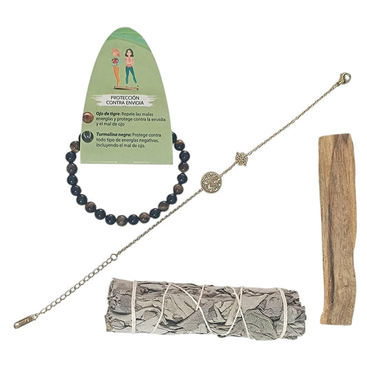 Kit Proteccion Contra Envidias ( Una Pulsera Proteccion Contra Envidia, 1 Palo Santo,1 Atado Salvia Y Pulsera Doble Proteccion ) TODOMINERAL